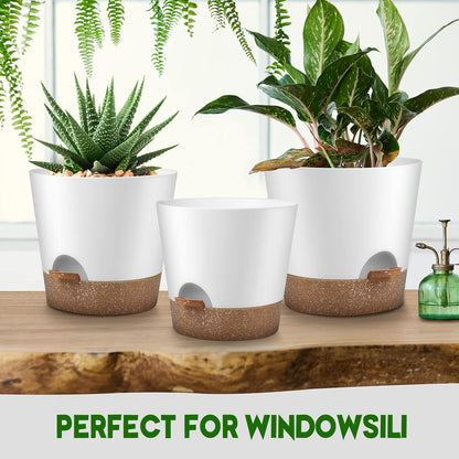 Indoor Outdoor Plant Pots- Self Watering Planters with Drainage Holes and Saucers, 9,8, 7.5 Inches