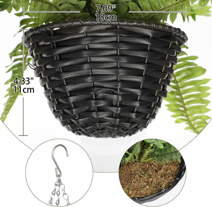 Hollyone 21" Artificial Boston Fern Hanging Basket 31 Leaves Fake Ferns in Rattan Pot Medium