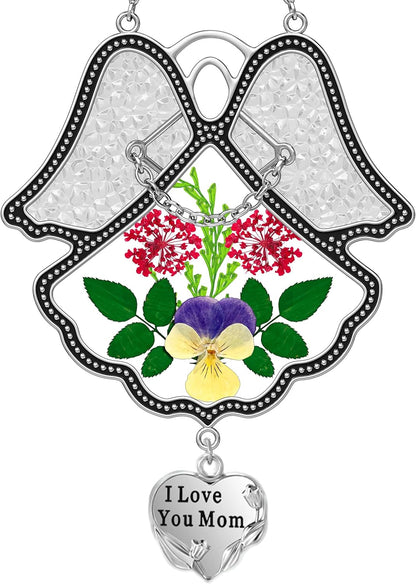 KY&BOSAM Angel Suncatcher I Love You Mom Stained Glass Panels for Windows Wind Chime with Pressed