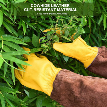 Long Gardening Gloves for Women Thorn Proof,Rose Pruning Cowhide Leather Garden Gloves for Cactus