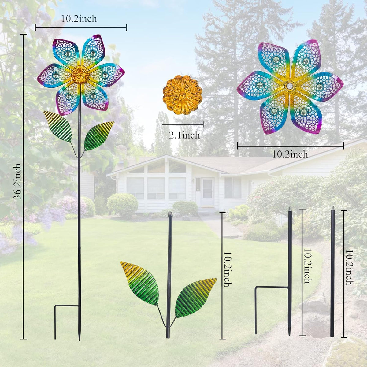 Wind Spinner with Metal Stake, Outdoor Garden Pinwheels Spinners Hollow-Out Flower Shape Design for