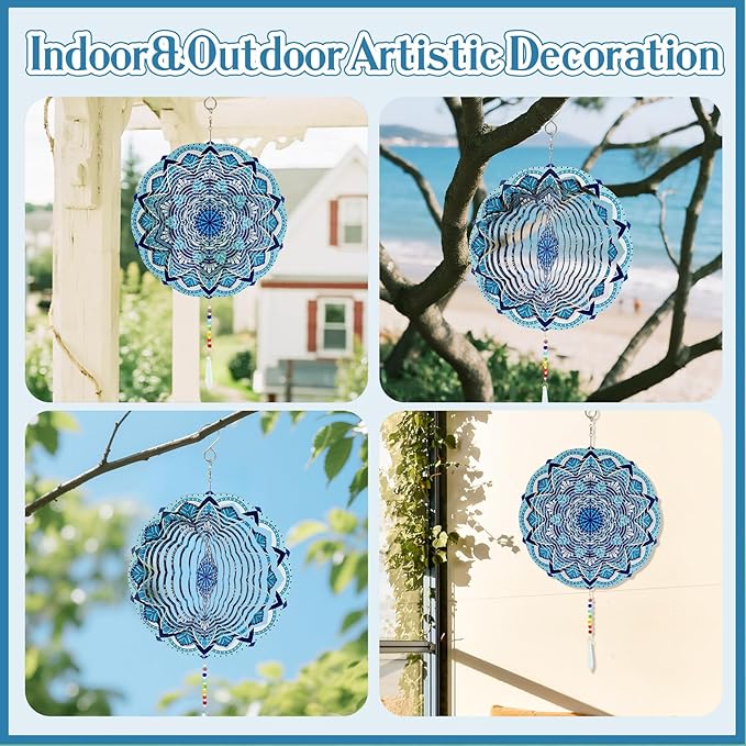 Wind Spinners Outdoor with Crystal Tail, Marzovitra Stainless Steel 3D Kinetic 10 Inch Garden Decor
