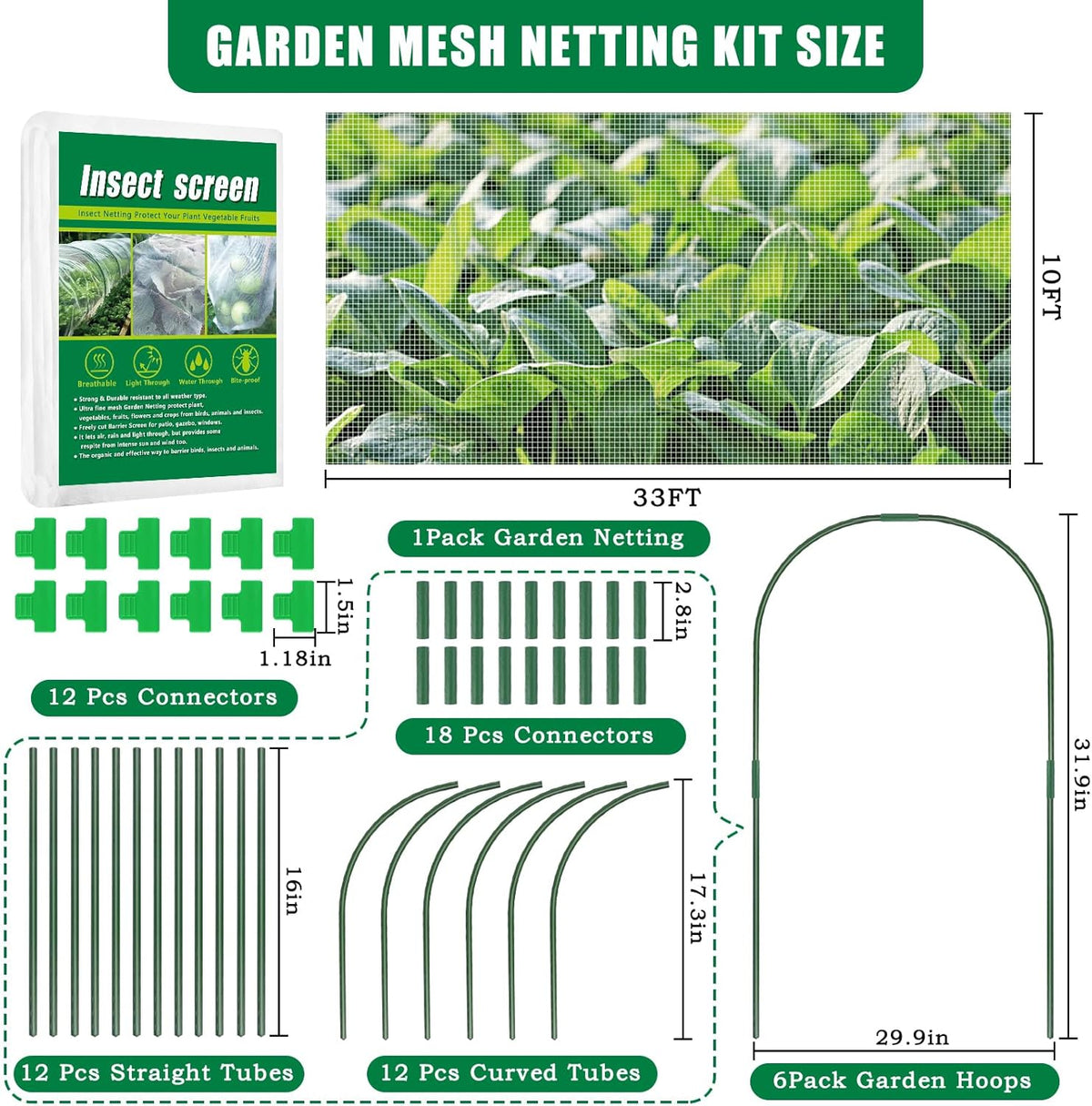 10 X 33 FT Garden Mesh Netting Kit Pest Barrier for Raised Beds, Fruit Tree Netting with 6 Sets