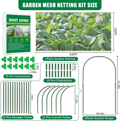 10 X 33 FT Garden Mesh Netting Kit Pest Barrier for Raised Beds, Fruit Tree Netting with 6 Sets