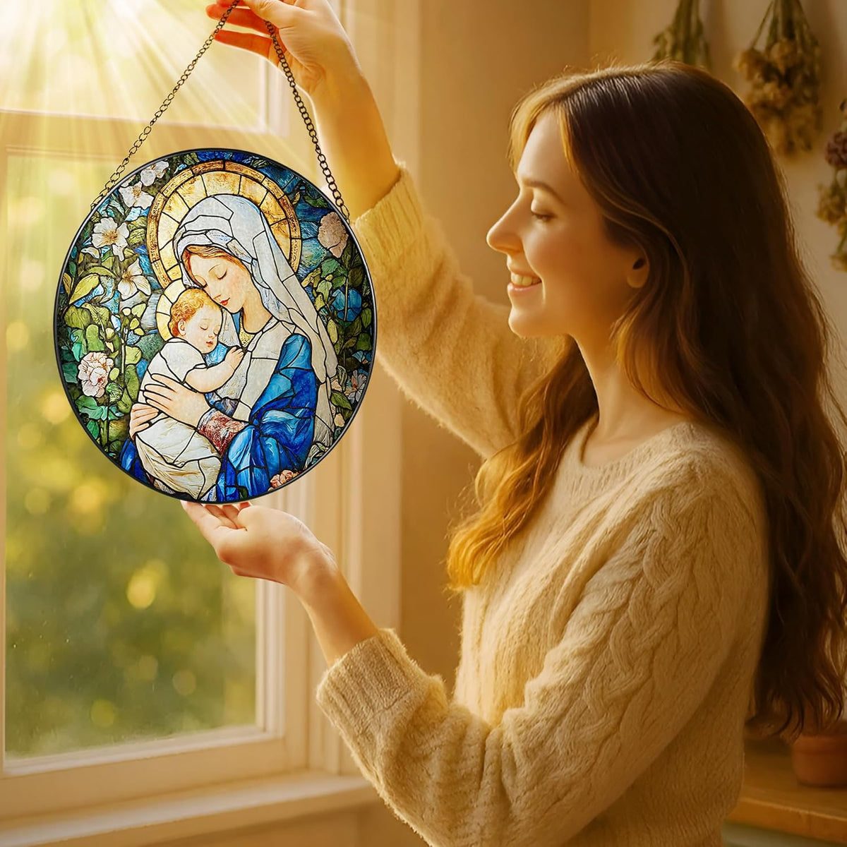 8 Inch Virgin Mary Stained Glass Suncatcher, Suncatchers for Windows Hanging, Baby Jesus Window
