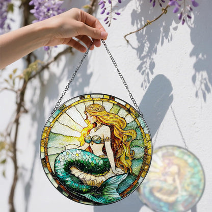 Stained Glass Window Hanging, 8 Inch Mermaid Suncatcher Stained Glass Ornament, Suncatchers for