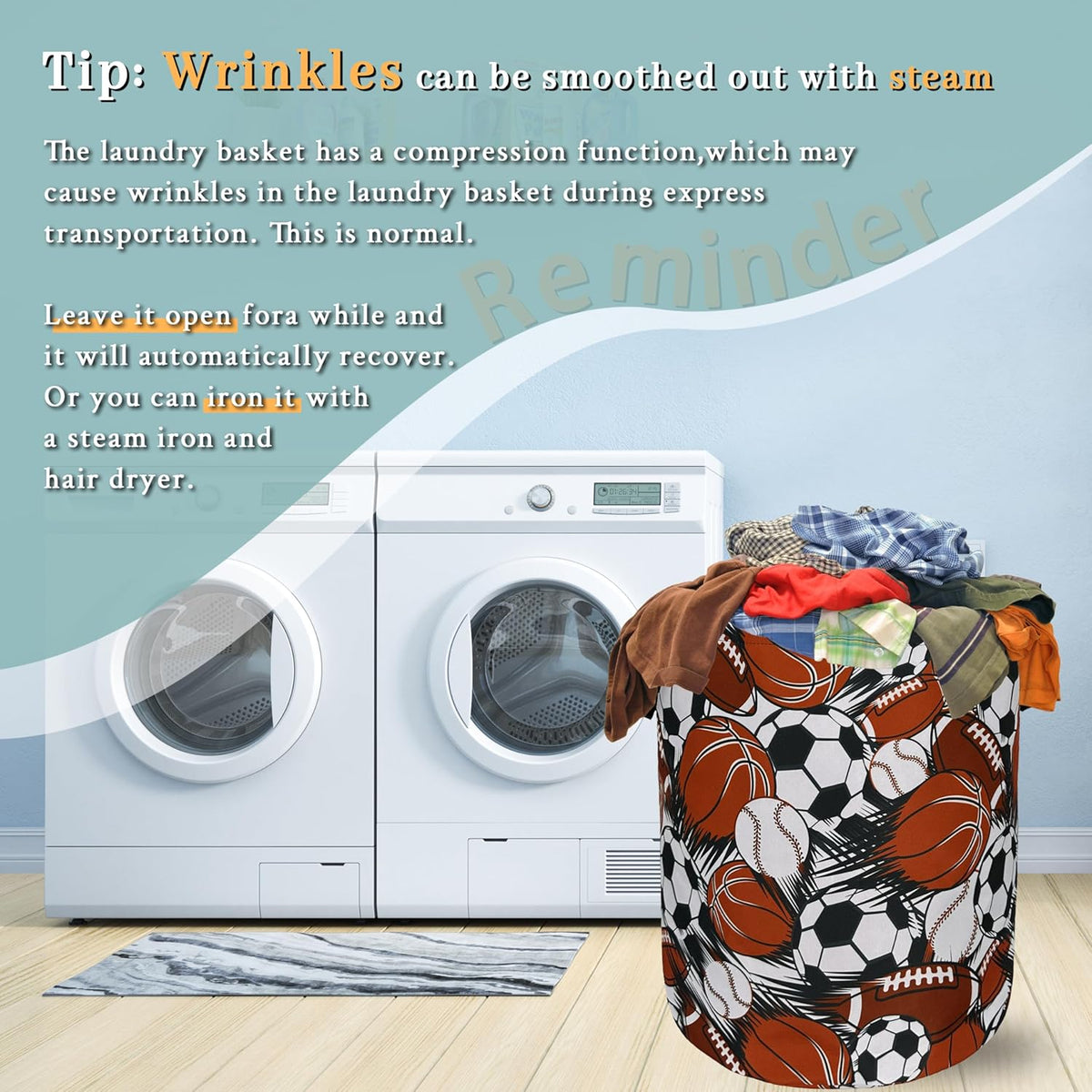 Funny Football Basketball Laundry Basket Foldable With Handles Tote Bag Oxford Cloth Colorful