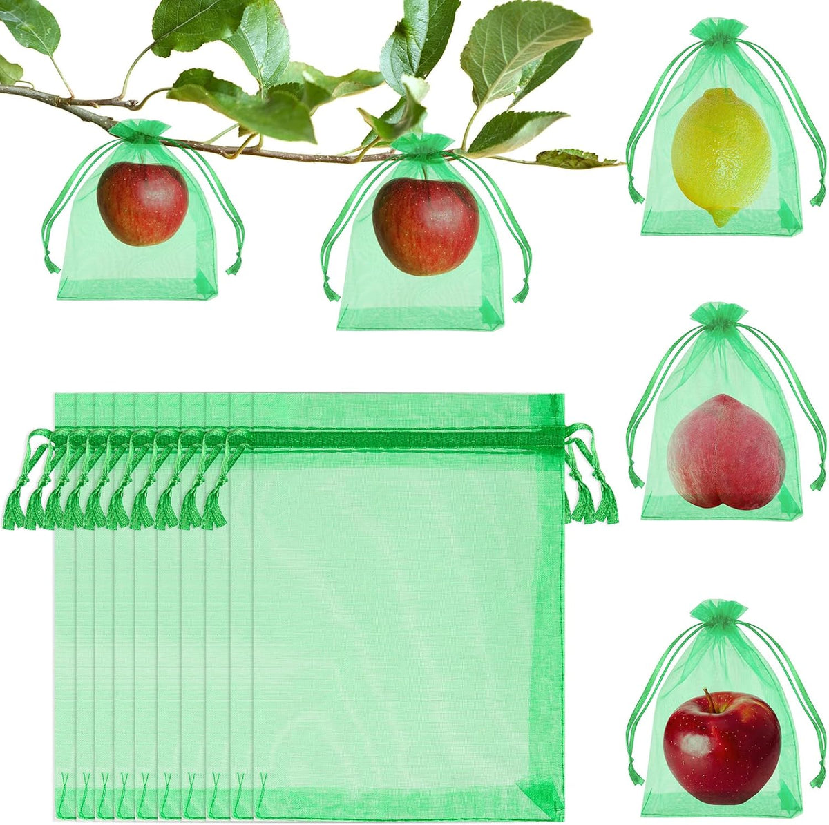 Morcheiong 60Pcs Fruit Protection Bags 6"" x 8"", Reusable Fruit Netting Bags for Fruit Trees