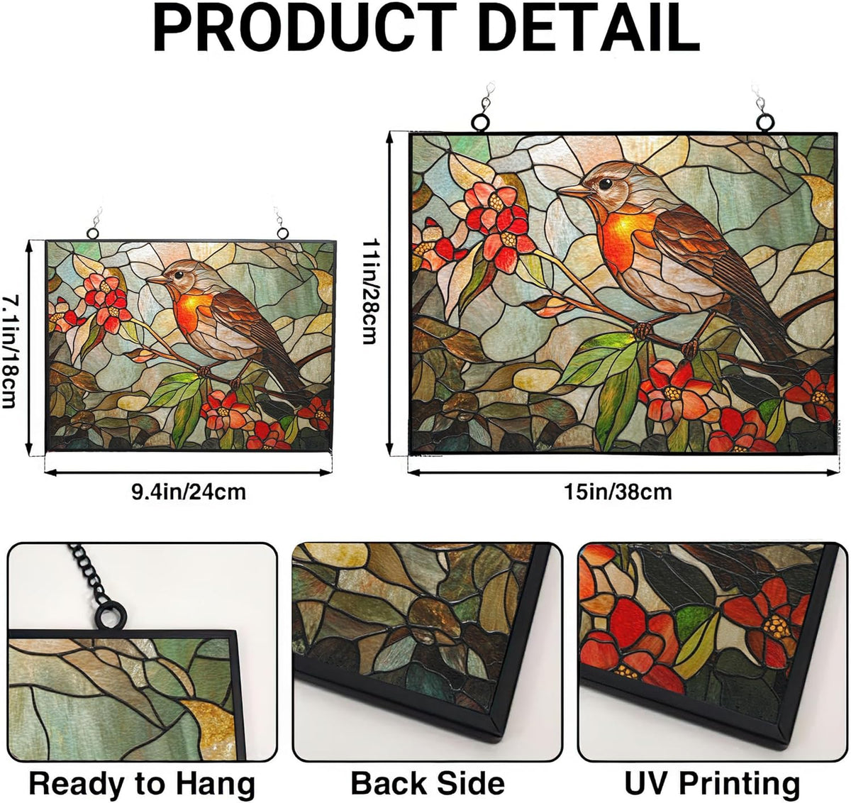 Personalized Rectangle Art Nouveau Honeysuckle Robin Stained Glass Window Hanging, Suncatcher for