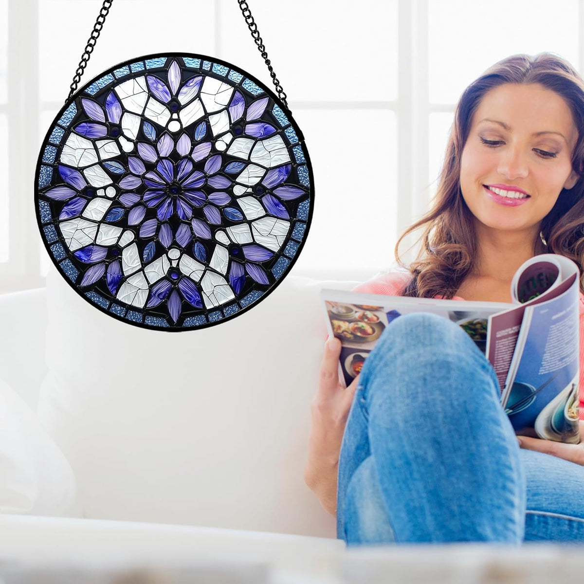 Stained Glass Window Hanging, Purple Blue Tiffany Style Flowers Sun Catcher for Window Door Home