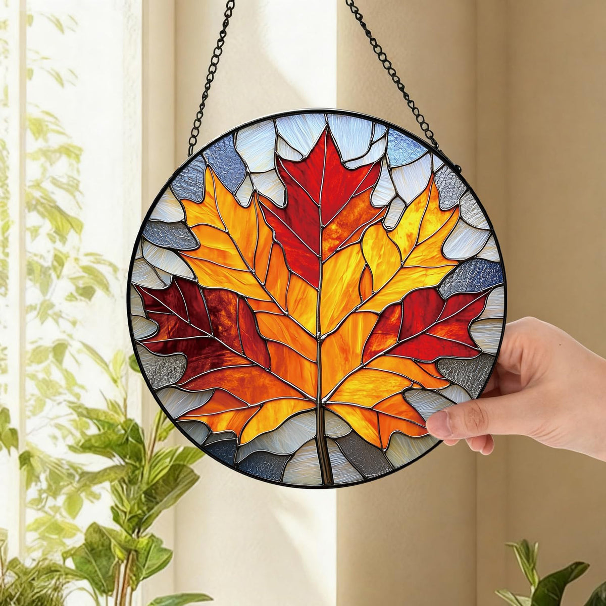 Rustic Autumn Maple Leaves Suncatcher -7.9 in Stained Glass Window Hanging Sun Catcher Garden Decor