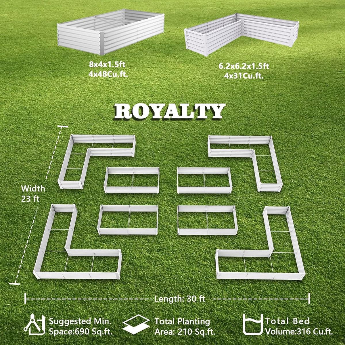 A ANLEOLIFE 8-Pack 8X4X1.5ft & 74x74x18 in Deep Root Galvanized Raised Garden Beds Outdoor for