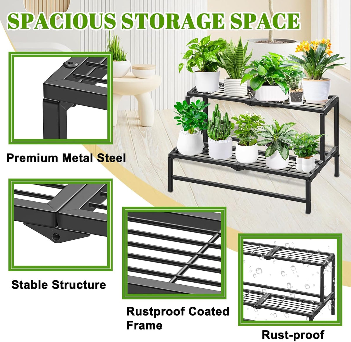 2 Tier Plant Stand Indoor Outdoor, Heavy Duty Metal Tall Plant Shelf for Multiple Flower Planter