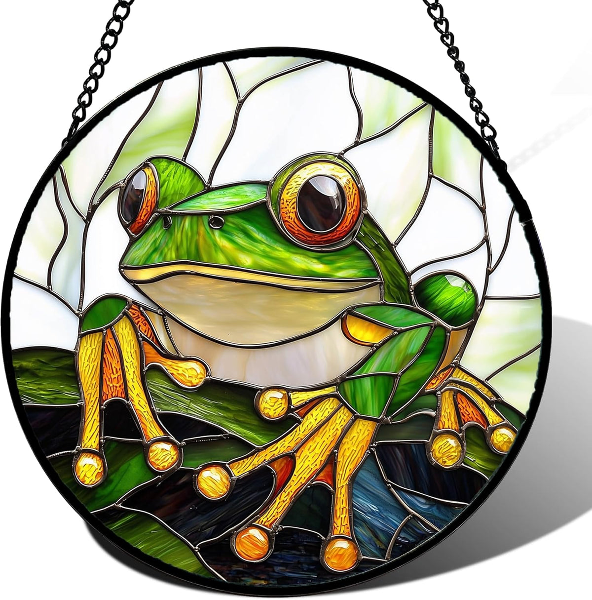 Stained Glass Window Hanging, Green Frog White Petals Sun Catchers Colorful Glass Panel Cute
