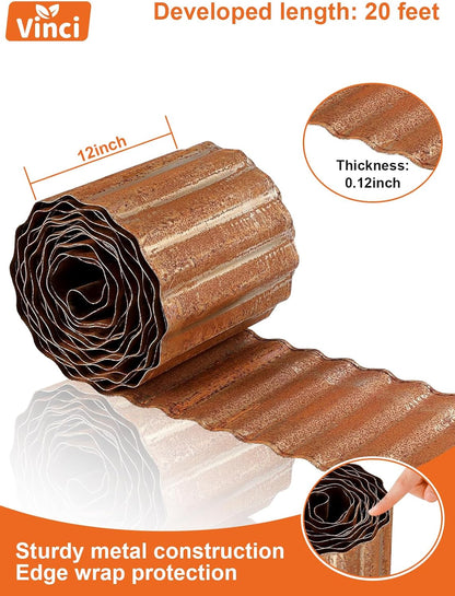 Vinci Garden Landscape Edging Border, 12 Inch x 20 FT Corrugated Sturdy Metal Easy Installation