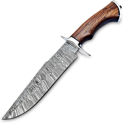 Handmade Damascus Bowie Knife 14″ Hunting Knife With Sheath - Fixed Blade Bushcraft Knife With Wood