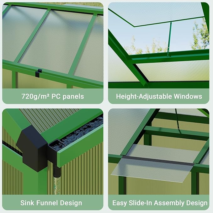 6x8 FT Greenhouse, Easy Assembly Aluminum Polycarbonate Greenhouses for Outdoors with Roof Vent