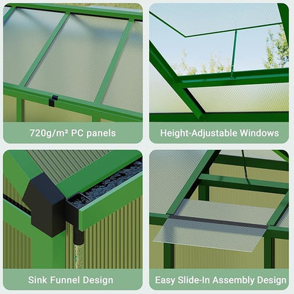 6x8 FT Greenhouse, Easy Assembly Aluminum Polycarbonate Greenhouses for Outdoors with Roof Vent