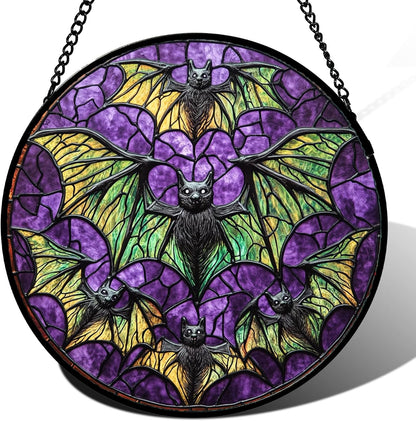 Stained Glass Window Hanging - Halloween Decorations Bats Suncatcher for Doors Garden Indoor Spooky