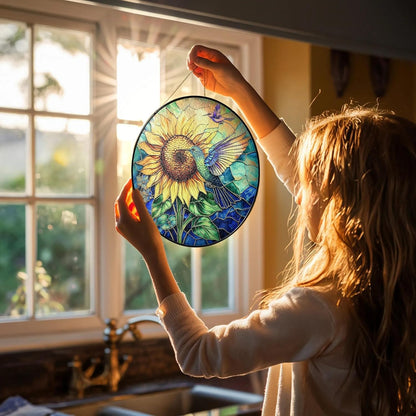 Hummingbird Stained Glass Suncatcher – Sunflower Window Decor, Memorial Hanging Ornament, Bird