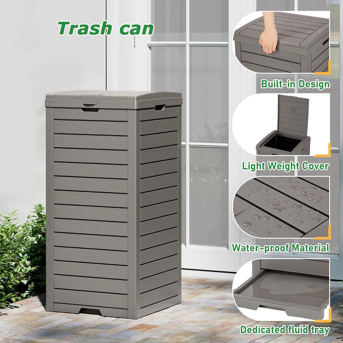 31 Gallon Outdoor Trash Can, Waterproof Resin Garbage Can with Lid and Drip Tray Easy Cleaning