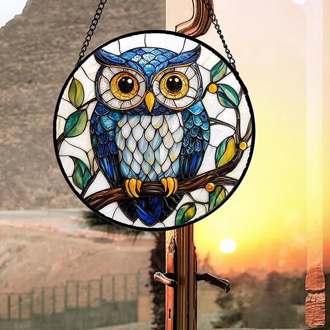 Stained Glass Window Hanging, Owl Gifts for Women Sun Catchers Diamond Glass Panel Hangings Birds