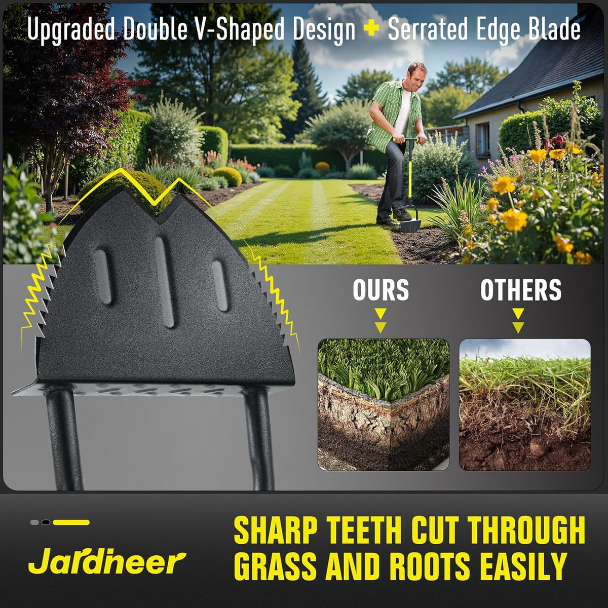 Jardineer Edger Lawn Tool Long Handle, Upgraded Manual Grass Edger with Double V-Shaped Serrated