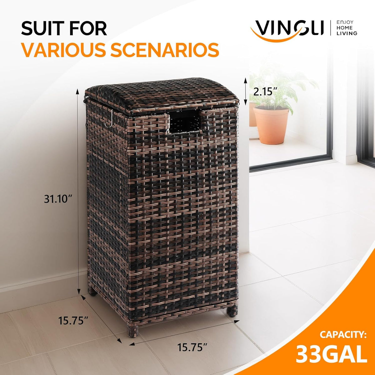 VINGLI 33 Gallon Outdoor Trash Can with Convenient Lid, Rattan Garbage Container with Side Hook