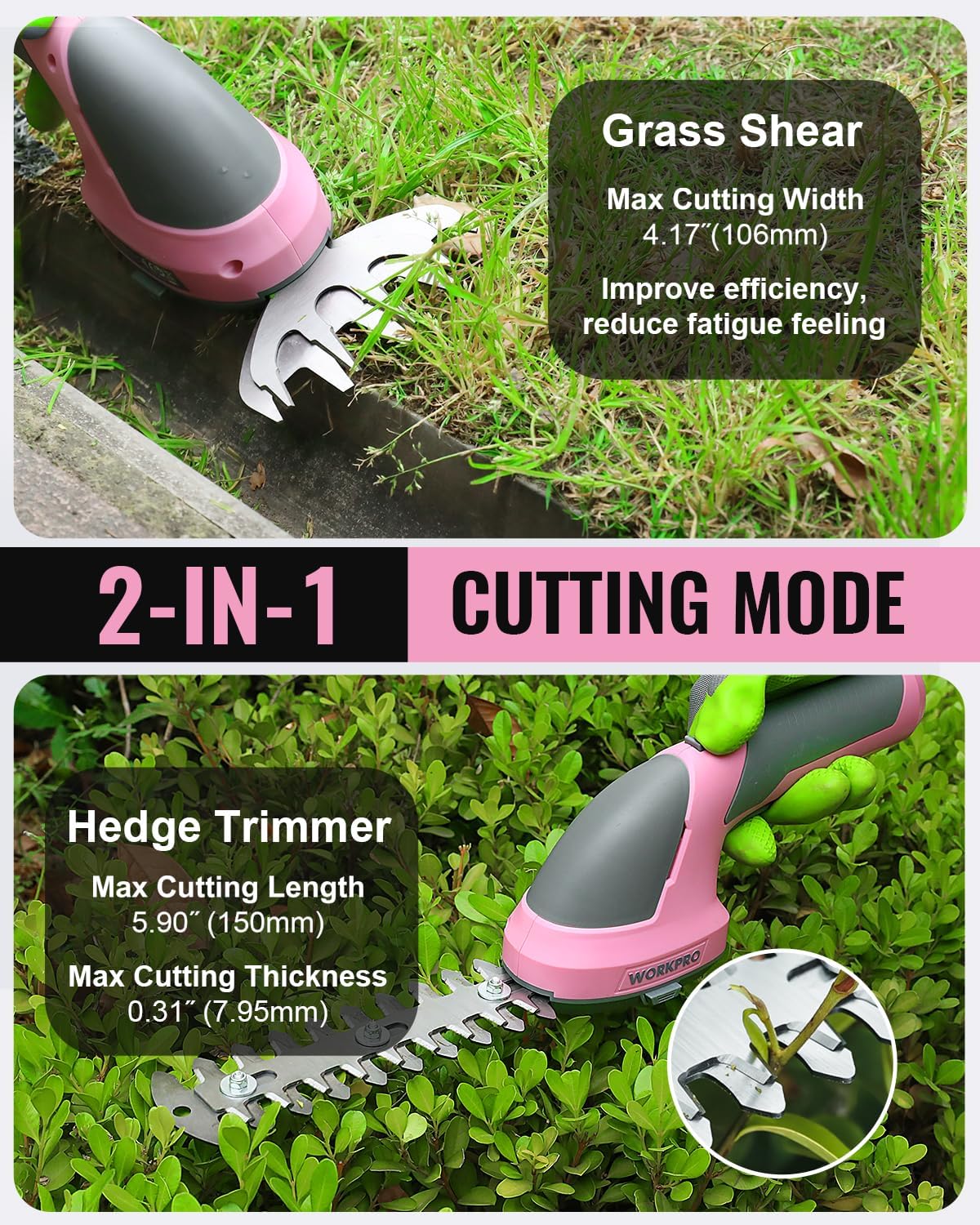 WORKPRO Cordless Grass Shear & Shrubbery Trimmer - 2 in 1 Handheld Hedge Trimmer 7.2V Electric