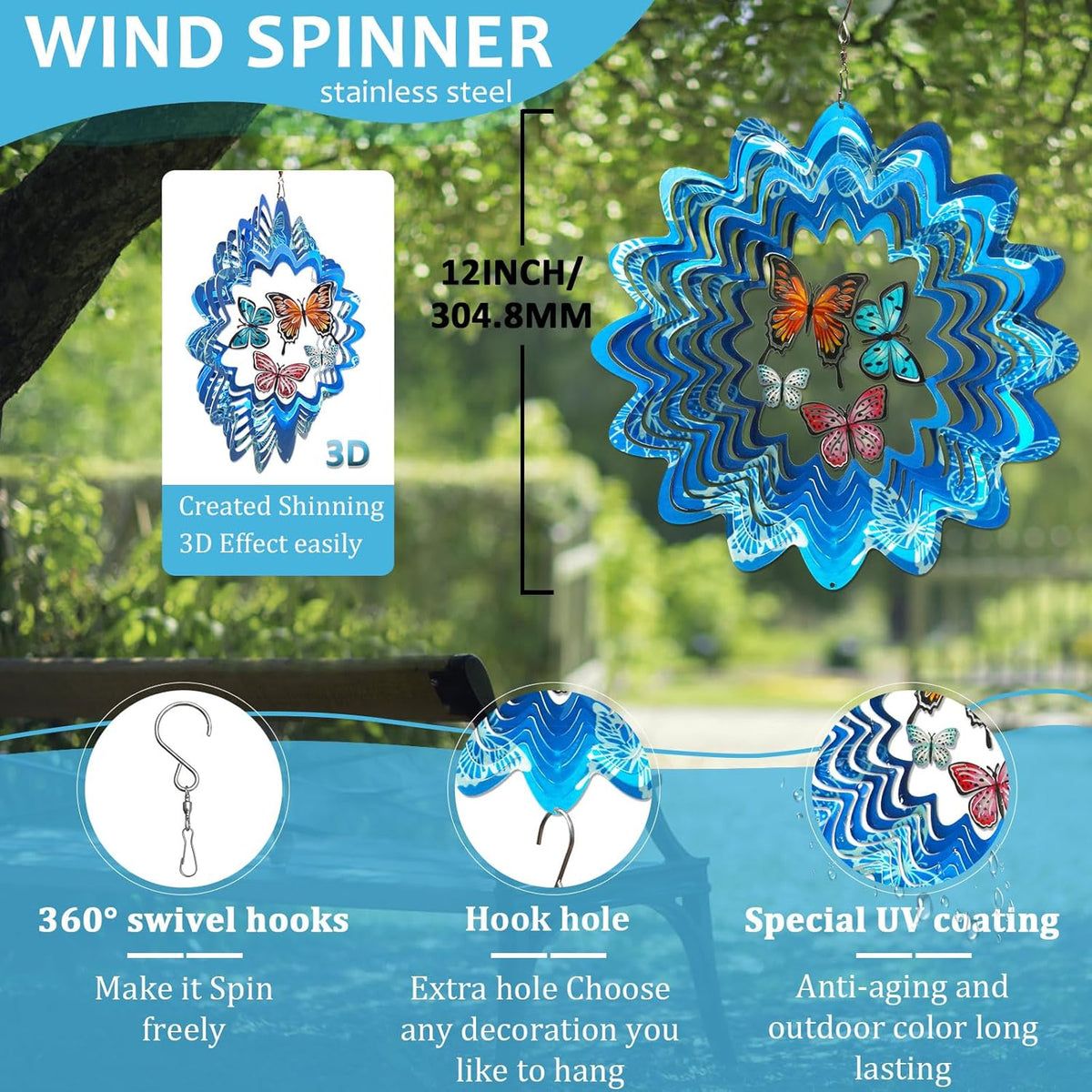 Butterfly Wind Spinners,12In Stainless Steel 3D Wind Spinner for Yard and Garden,Butterfly Gifts