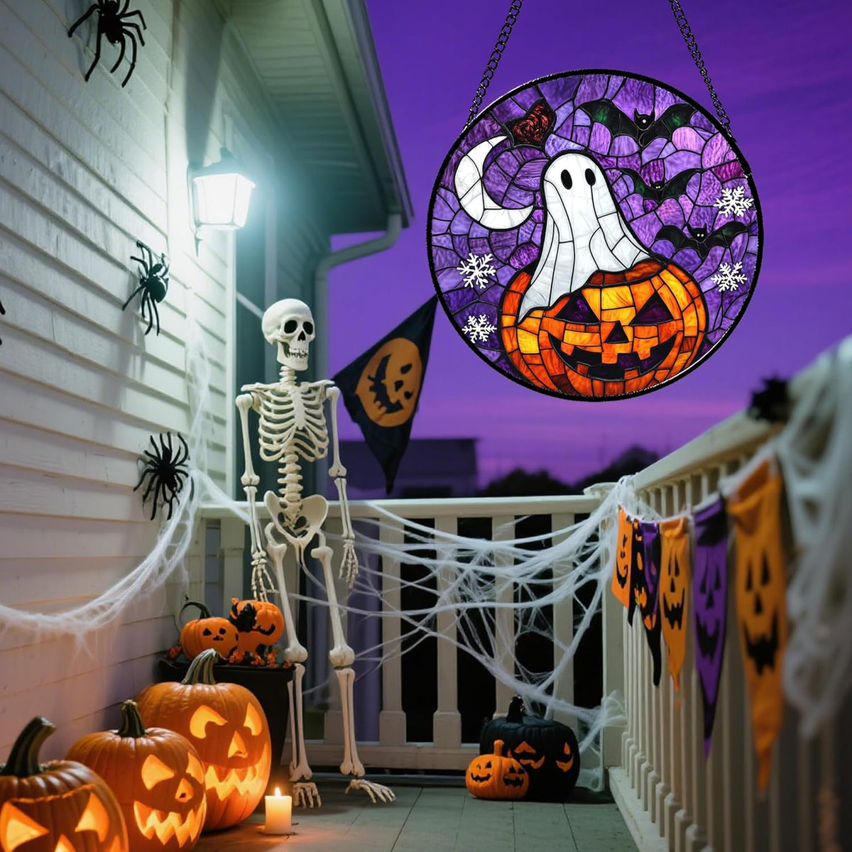 Stained Glass Window Hanging Halloween Horror Pumpkin 9.8" - Suncatcher Door Garden Sunroom Gothic
