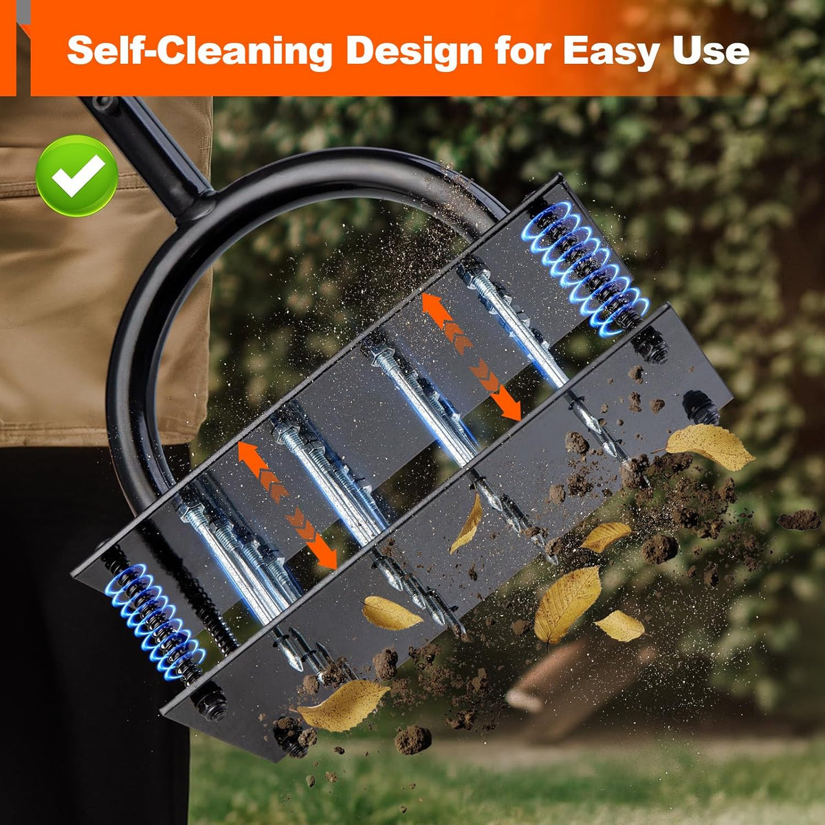 Bluesea Lawn Aerator Tool - 16 Iron Spikes with Ergonomic T-Handle, Automatic Dirt Clean for Soil