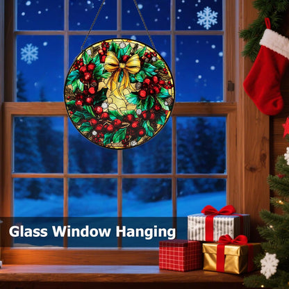 Stained Glass Window Hanging, Christmas Festive Holly and Red Berries Suncatcher for Doors Home Sun