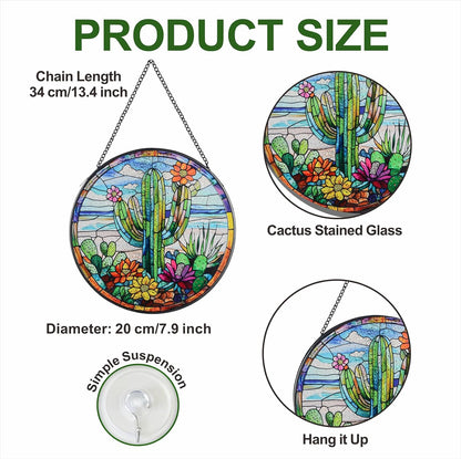 Cactus Suncatcher Decor, Cactus Stained Glass Window Art Beach Decor Sea Glass Hanging - 7.9"
