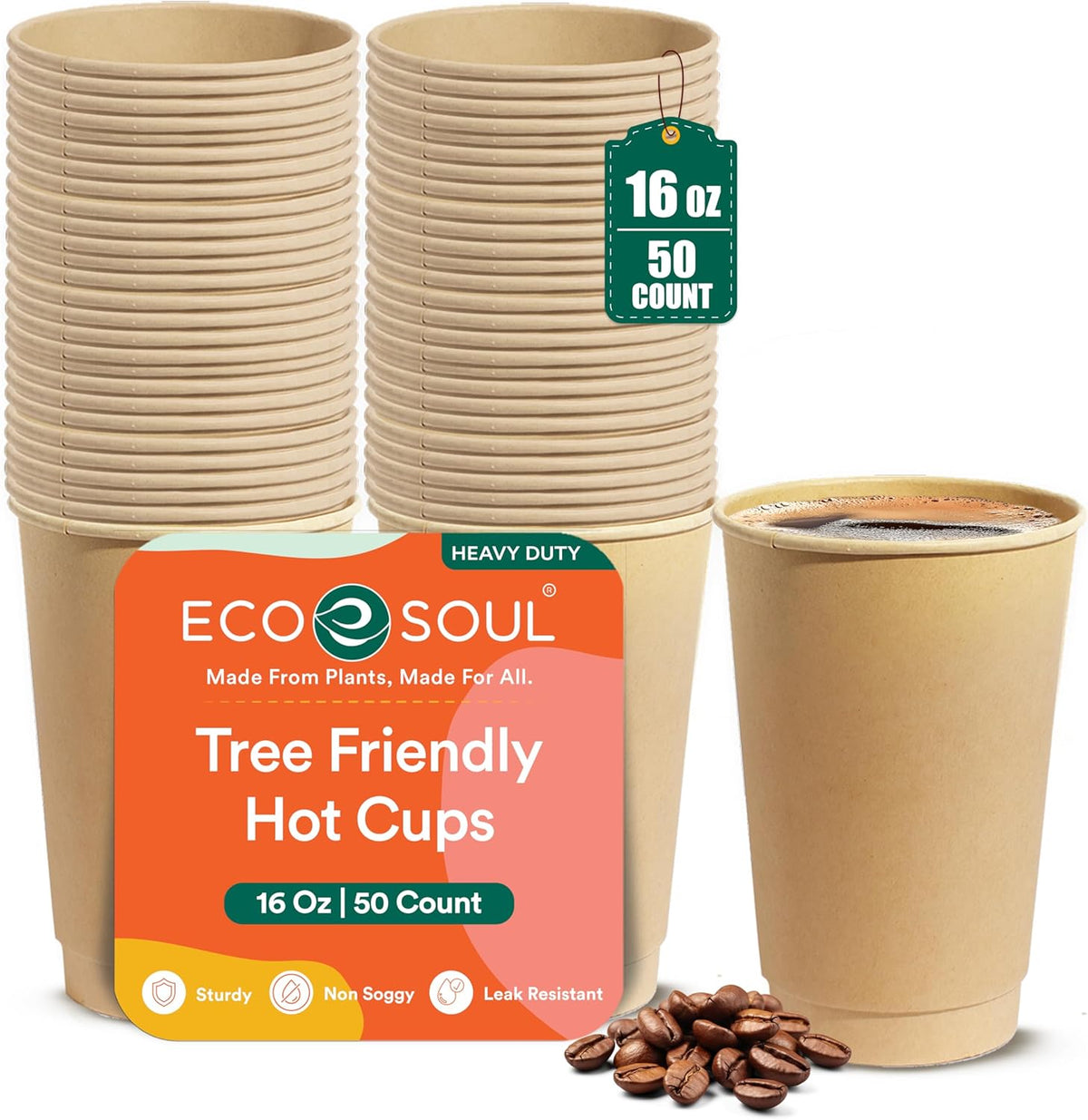 ECO SOUL 100% Compostable Plant-Based 16oz Hot Cups | (50 Count, 16 oz Hot Cups) | Disposable
