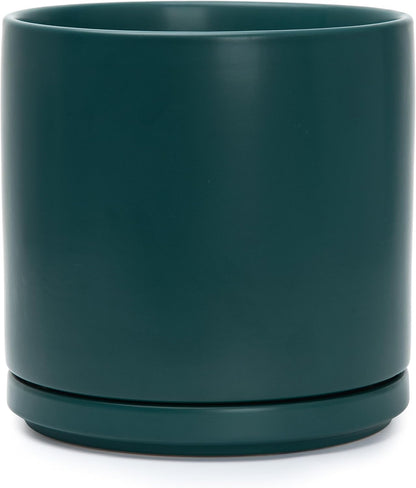 D'vine Dev 10 Inch Ceramic Planter Pot with Drainage Hole and Saucer, Indoor Cylinder Round Planter