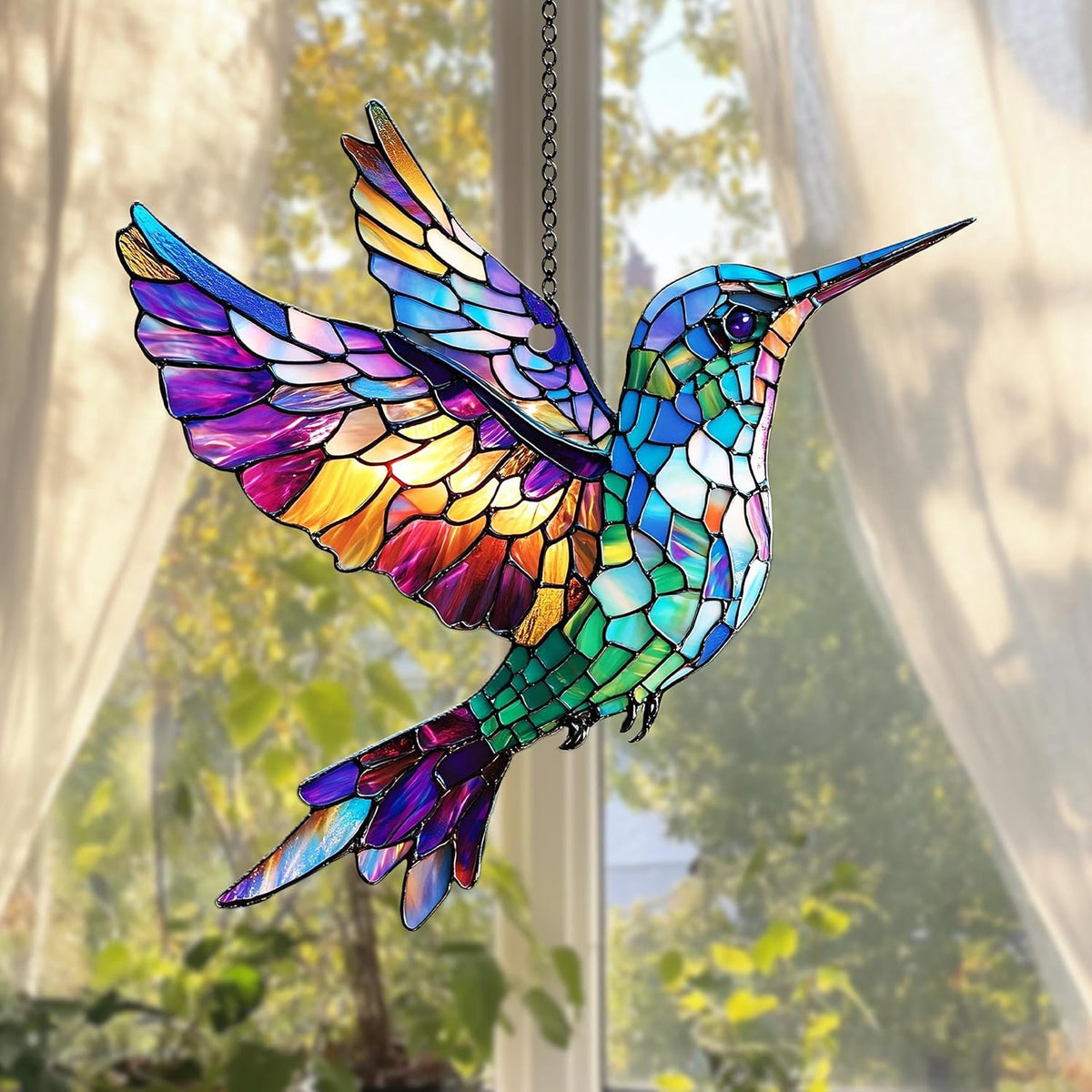 Multicolor Bird Window Hanging Suncatcher Faux Stained Hummingbirds and Flowers for Women Elegant
