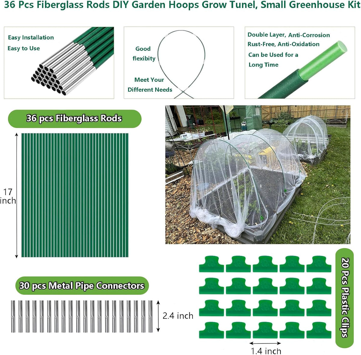 Garden Hoops for Raised Beds, 36pcs Greenhouse Hoops Grow Tunnel, 8ft Rust-Proof Fiberglass Frame