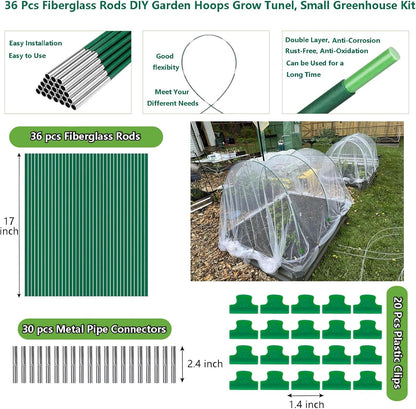 Garden Hoops for Raised Beds, 36pcs Greenhouse Hoops Grow Tunnel, 8ft Rust-Proof Fiberglass Frame