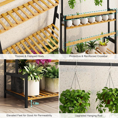 Ufine Bamboo Hanging Plant Stand 3 Tier Ladder Shelf with Hanging Rod Height Adjustable Flower Pot