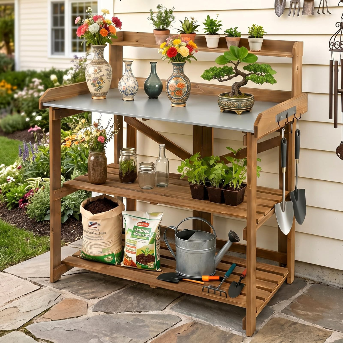 Outdoor Potting Bench Table, Indoor Wooden Work Station with Metal Table Top, Metal Hooks, Large