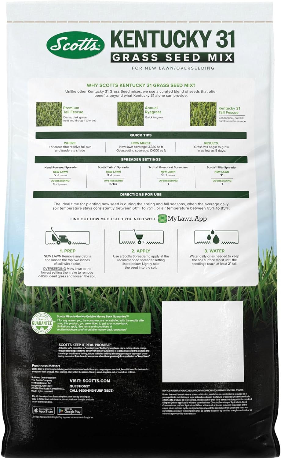Scotts Kentucky 31 Grass Seed Mix for New Lawns or Overseeding, Grows Thicker and Greener vs. Other