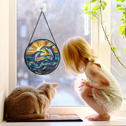 Stained Glass Window Hanging, Blue Dolphin Sun Catchers Colorful Glass Panel Sunrise Sea View