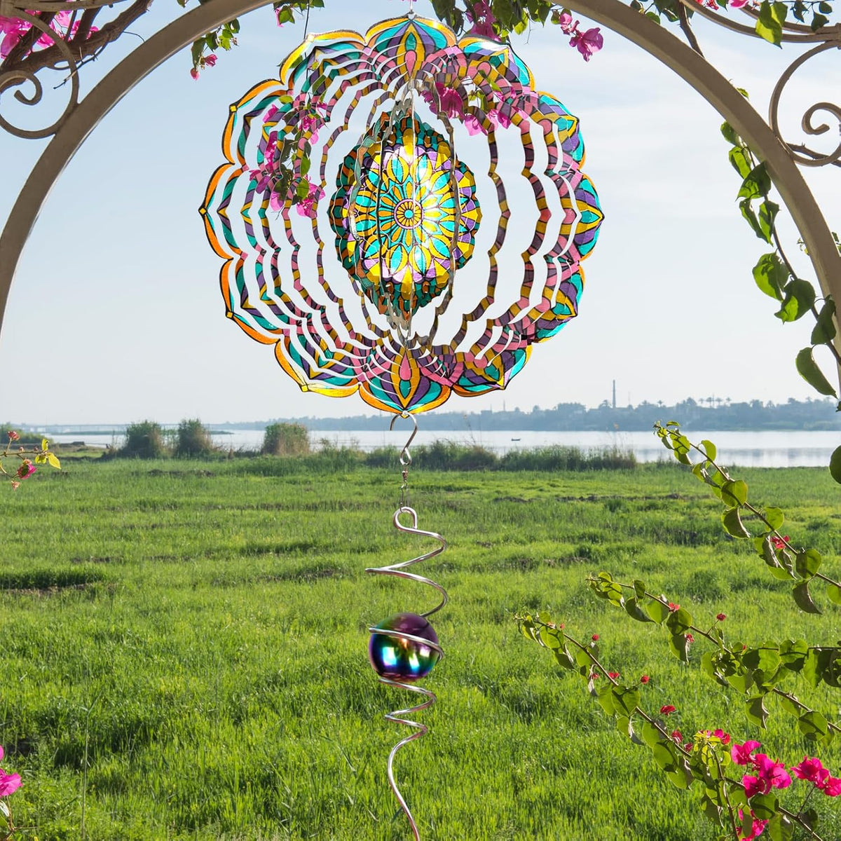 Mandala Wind Spinner - Purple Tulip Design | 12 Inch Stainless Steel Hanging Wind Sculpture &