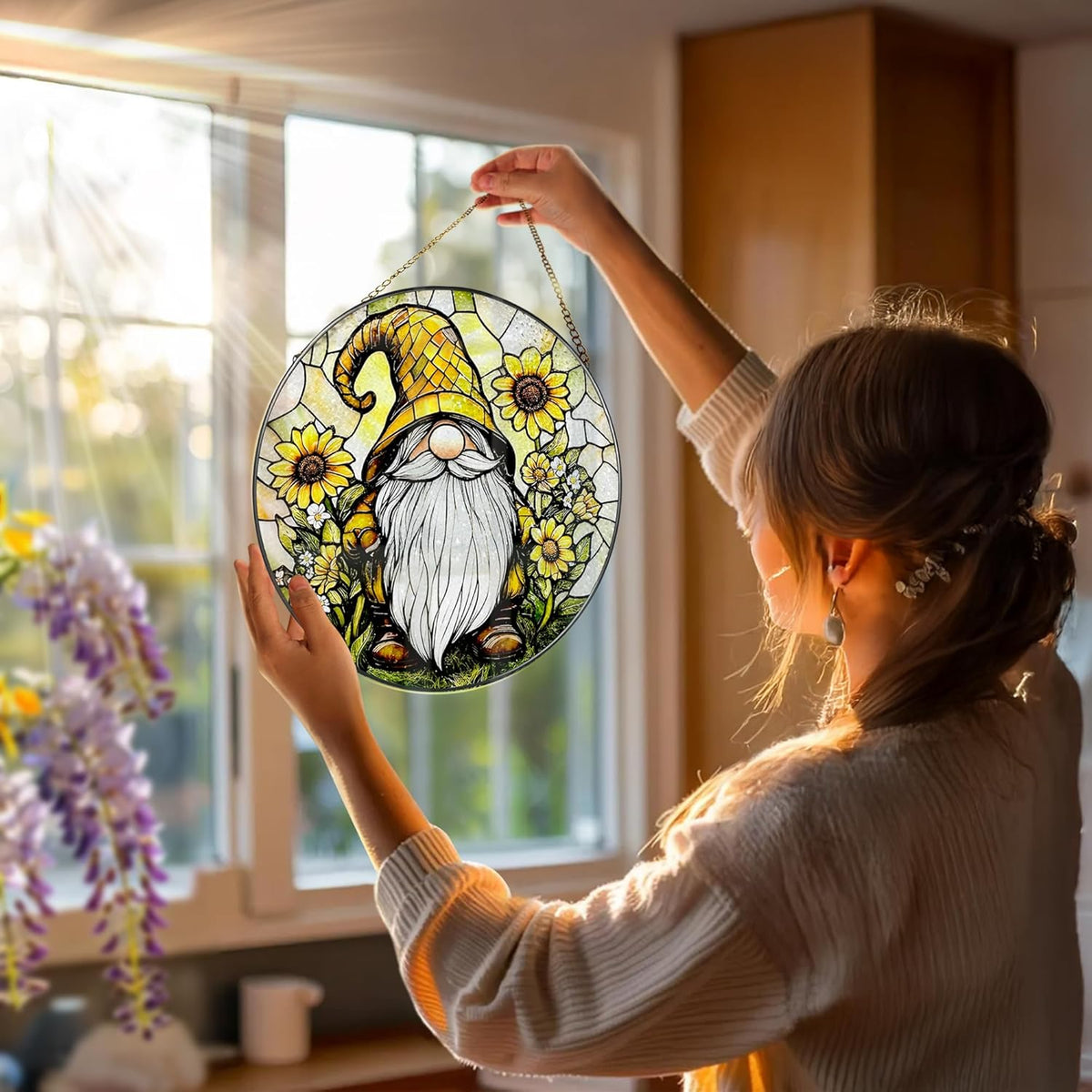 8″ Stained Glass Window Hanging Ornament, Sunflower Gnome Stained Glass Suncatcher Ornament