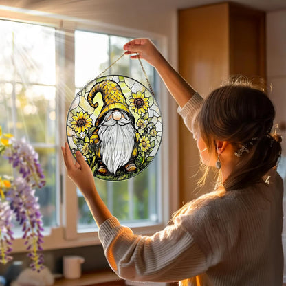 8″ Stained Glass Window Hanging Ornament, Sunflower Gnome Stained Glass Suncatcher Ornament