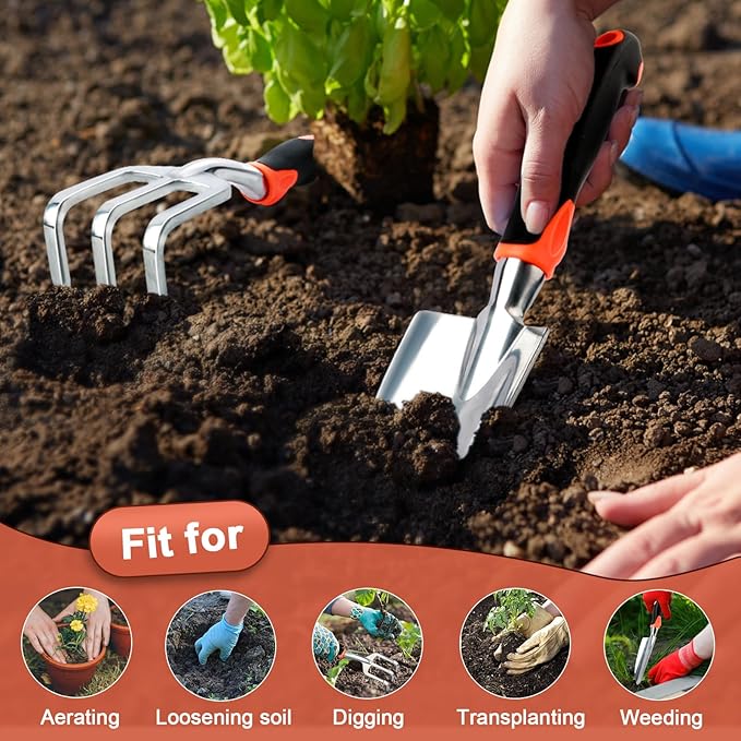 Garden Tool Set, 2 Pack Heavy Duty Gardening Tools Set Include Garden Shovel and Hand Rake Claw
