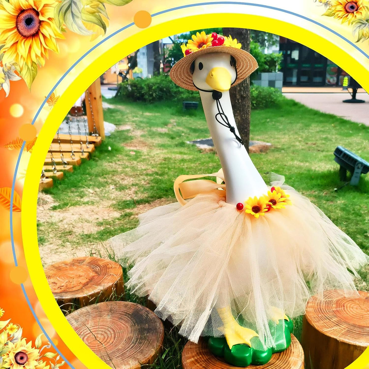 Large White Goose Statues Cygnus, Cute Big Bird Decor Garden Sculpture with Sunflower Outfits and