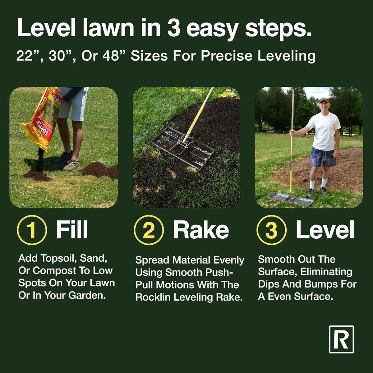 Rocklin™ Lawn Leveling Rake – 22” x 10” Stainless Steel Levelawn Tool with 78” Handle | Smooth &
