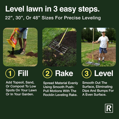 Rocklin™ Lawn Leveling Rake – 22” x 10” Stainless Steel Levelawn Tool with 78” Handle | Smooth &